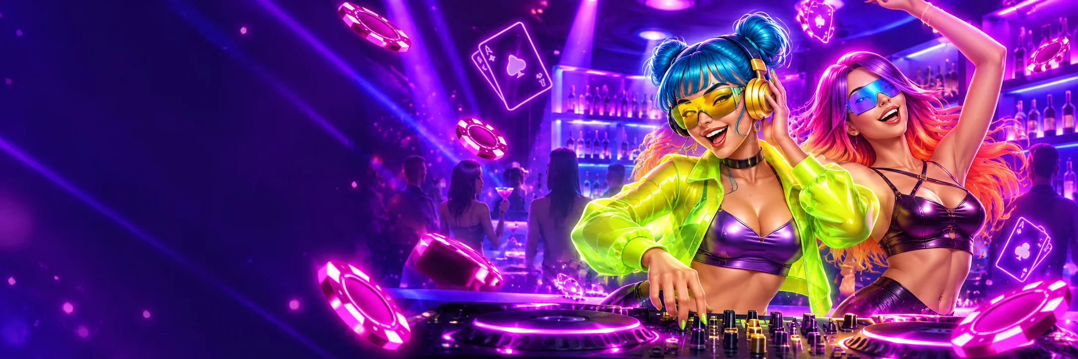 DJ mit türkisfarbenen Haaren und Tänzerin im violetten Neonclub